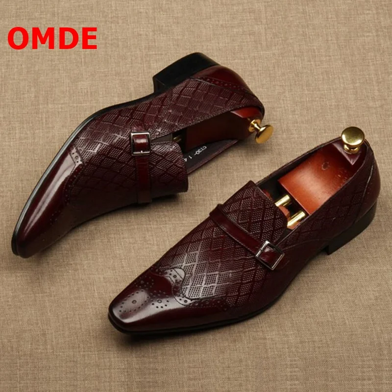 

OMDE Men Dress Shoes Fashion Pointed Toe Buckle Slip On Groom Wedding Shoes Men Office Shoes Genuine Leather Formal Shoes