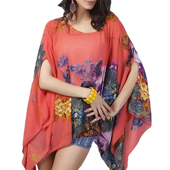 

Summer Beach Blusas Printed Blouses Women Loose Top Bat Flower Woman Shirts Vetement Femme Chiffon Plus Size Women Clothing S079