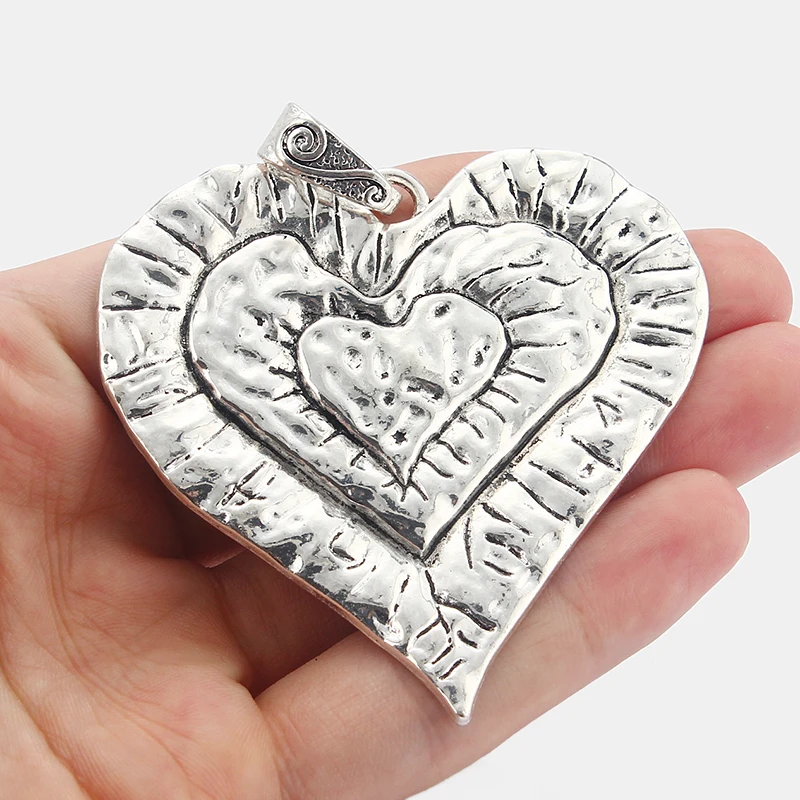 5pcs Large Antique Silver Tone Alloy Hammered Heart Shaped Charms