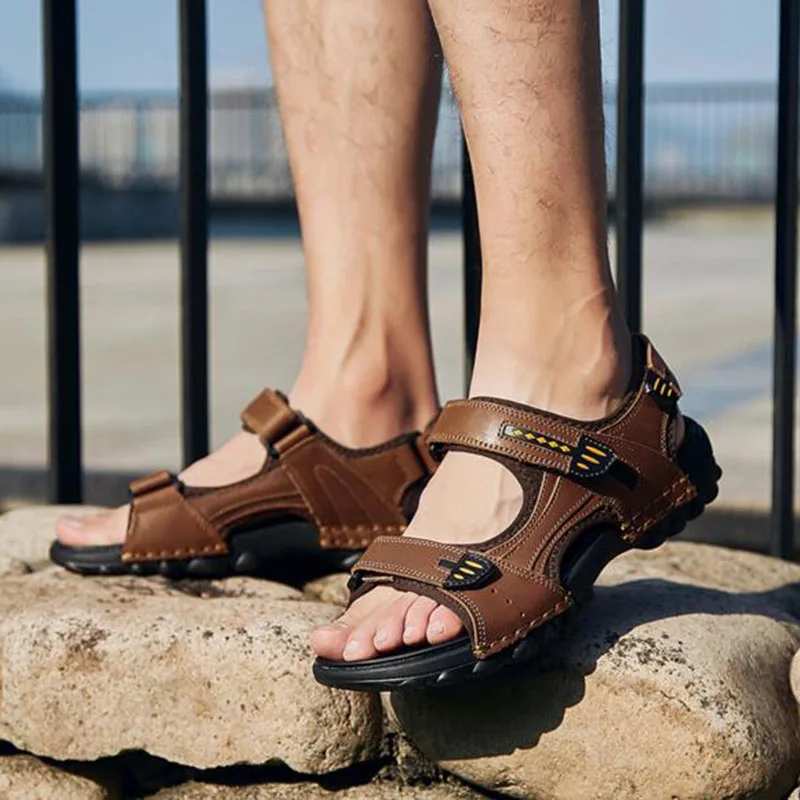 

Fashion Men Casual Flats Sandals,Peep Toe Hook Loop PU Leather Non-slip Breathable Sandals Solid Color Big Size Sandals Shoes