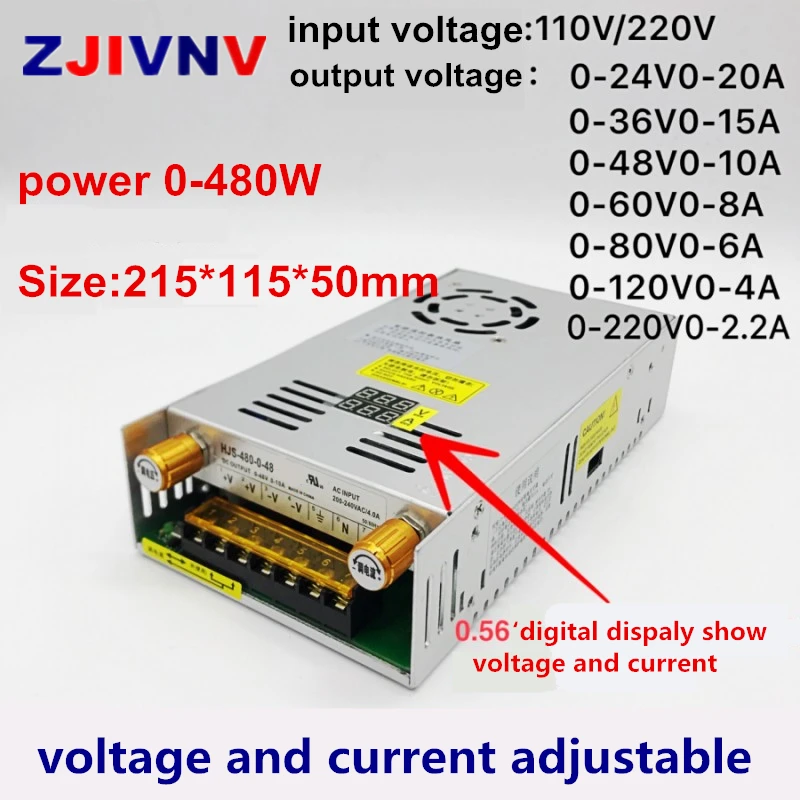  480W output 0-5V 12V 24V 36V 48V 60v 80V 120v 160V 220v Adjustable DC voltage stabilization Digital