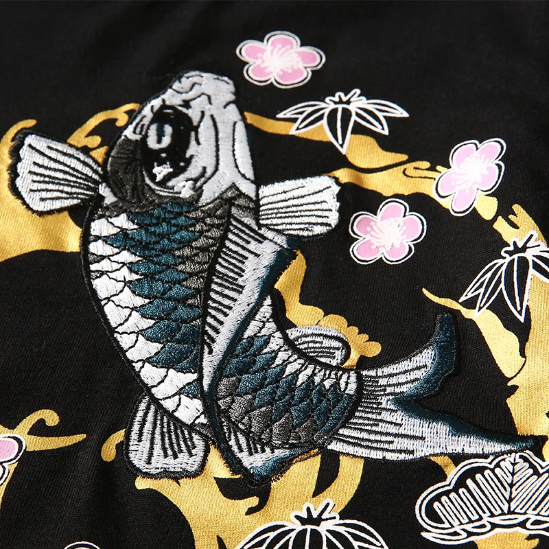 HZIJUE, мужские футболки с вышивкой рыбы, топ, брендовая одежда, Китайский Японский стиль, футболки для мужчин, футболки, уличная одежда, хлопок размера плюс