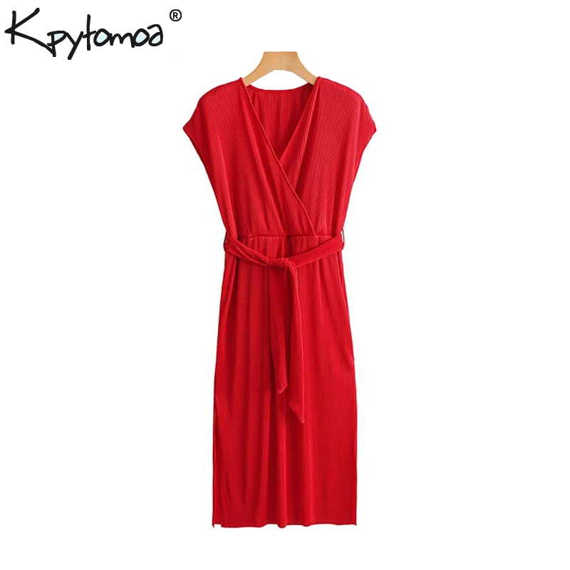 

Vintage Elegant With Sashes Wrap Midi Dress Women 2019 Fashion V Neck Sleeveless Side Slit Stretch Dresses Casual Vestidos Mujer