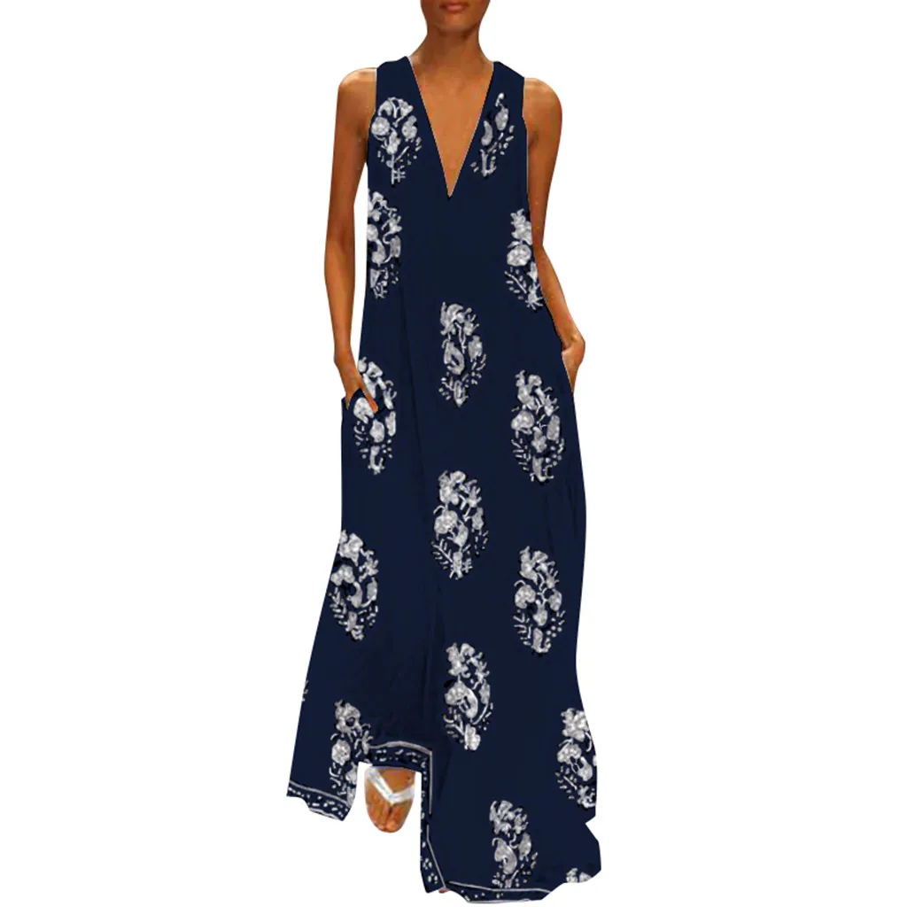 

2019 New Stylish Female's Kleid Women Vintage Daily Casual V Neck Sleeveless Boho Floral Sundress Dress Abito da donna alla moda