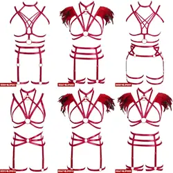 Красный бюстгалтер на бретельках комплект поводков женское нижнее белье Полный корпус перо подвязка пояс эластичные грудные ремни Harajuku