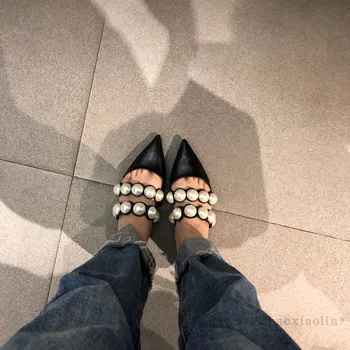 

2018 Vintage Chic Pointed Toe Flip Flops Decor String Bead Black Mules Ladies Sandals Summer Loafers Flats Shoes Woman Sandalias