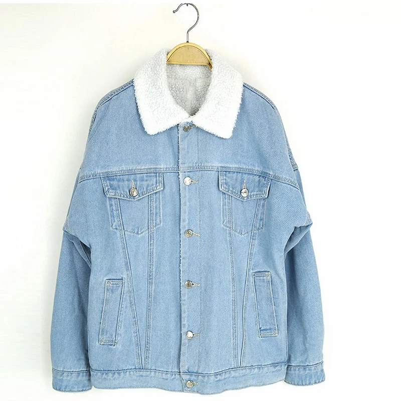 jaqueta jeans com forro de lã feminina