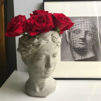 

Portrait Sculpture Beauty Fairy Flower Pot Greek Goddess Lady Face Flower Arrangement Vase Cement Rough and Beautiful Home Decor