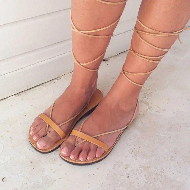 

Beach Flat With Narrow Band Gladiator Women Sandals Lace-Up Cross-Strap Solid Boho Shoes Ankle Strap Summer Plus Size Sandals