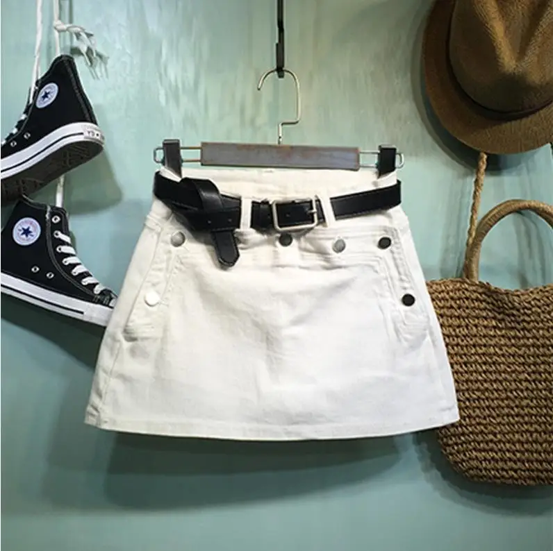 Весенне-летняя новая модная джинсовая юбка Женская легкая джинсовая мини-юбка трапециевидной формы с высокой талией - Цвет: white