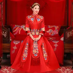 Восточный Азиатский невесты Красота китайская традиционная свадебное платье Для женщин Красный цветочные длинным рукавом Китайский Cheongsam