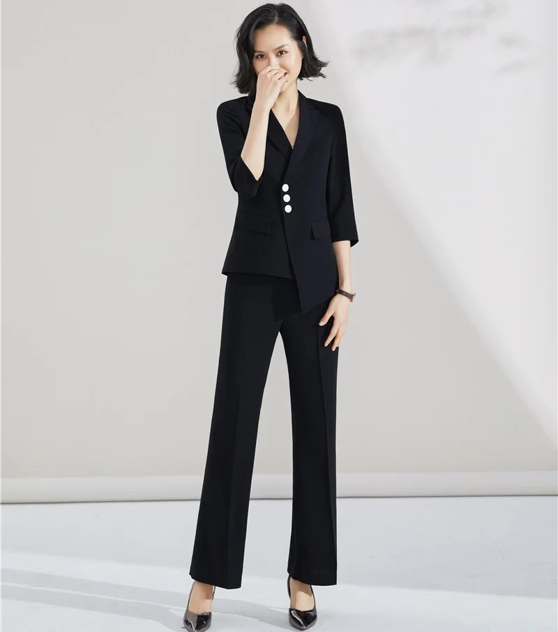 

New 2019 Fashion Ladies Black Blazer Women Business Suits with Pant and Jacket Sets Elegant Pantsuits Office Uniform Styles
