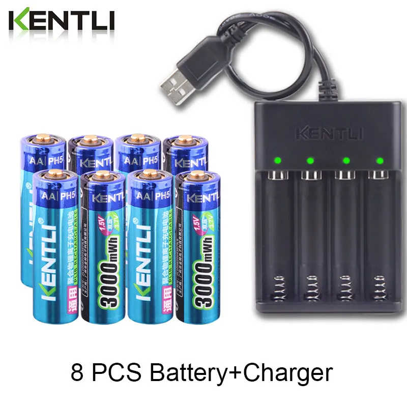 KENTLI AA 1,5 V 3000mWh литий-ионная аккумуляторная батарея+ 4 канала литий-полимерный литий-ионный аккумулятор батареи зарядное устройство - Цвет: 8pcs