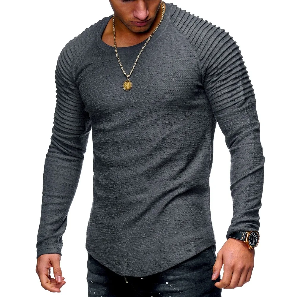 

Tshirt Men Bodybuilding Casual Fitness Long Sleeve T Shirt Brand Clothing Solid Pleated on Arms Round Neck Man Brand Tops Tee