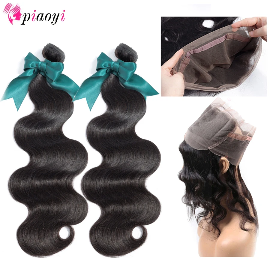 Piaoyi Hair Extension Peruvian Hair Bundles With 360 Lace Frontal Closure Pre Plucked Lace Front Closure With bundles Remy Hair