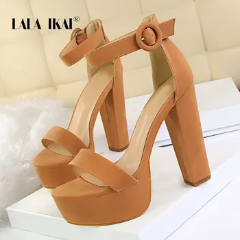 

LALA IKAI Platform Sandals Women Summer Buckle Strap Ladies Gladiator Sandals High Heel Flock Peep Toe Sandalie 014C3402-49