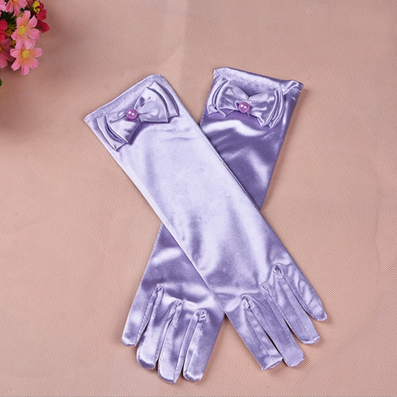 Перчатки для девочек длинные перчатки принцессы женские перчатки подарок на день рождения синее свадебное платье перчатки с бантом костюм аксессуары Атлас