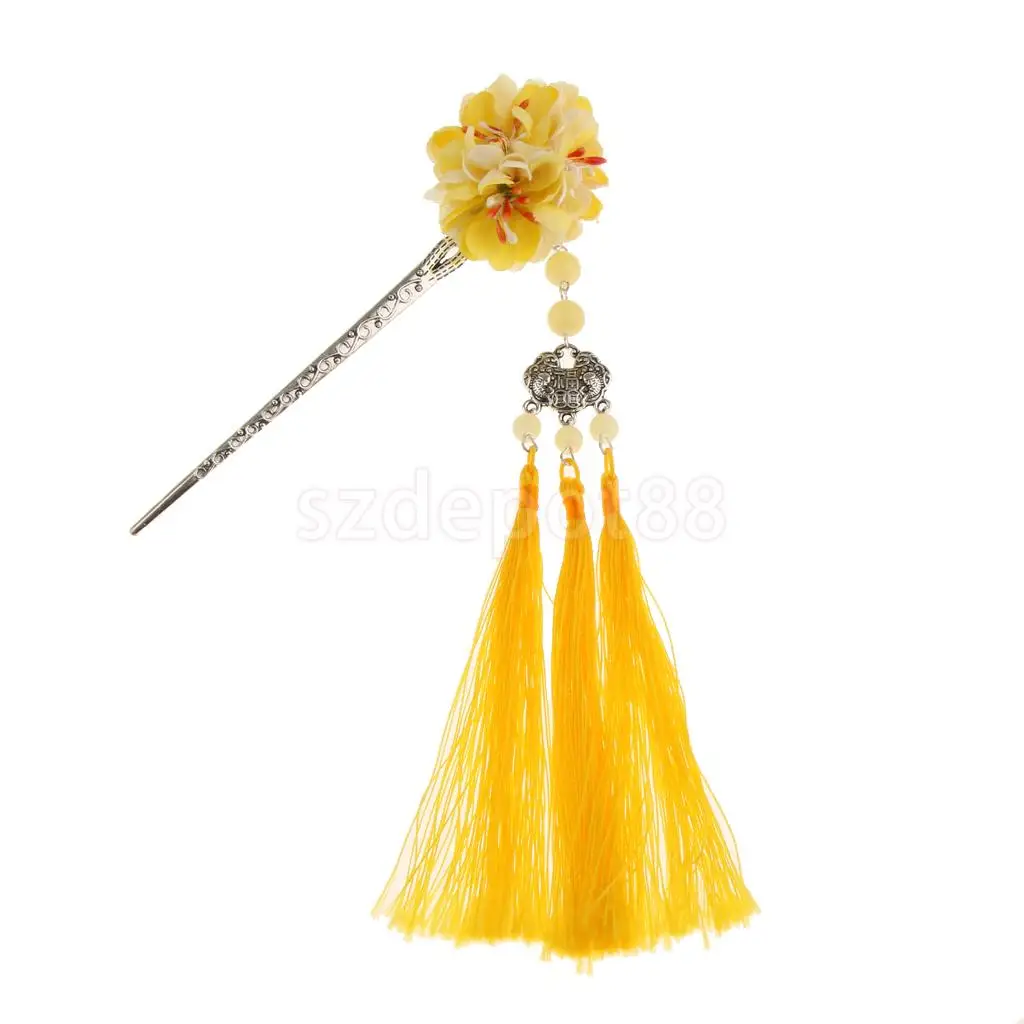 Заколка для волос с цветами Kanzashi Tassel Chignon Винтаж для кимоно Hanfu - Цвет: Yellow