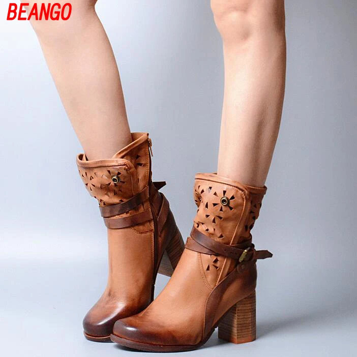 BEANGO British style woman Square high heel leather do old boots hollow leather belt buckle ankle