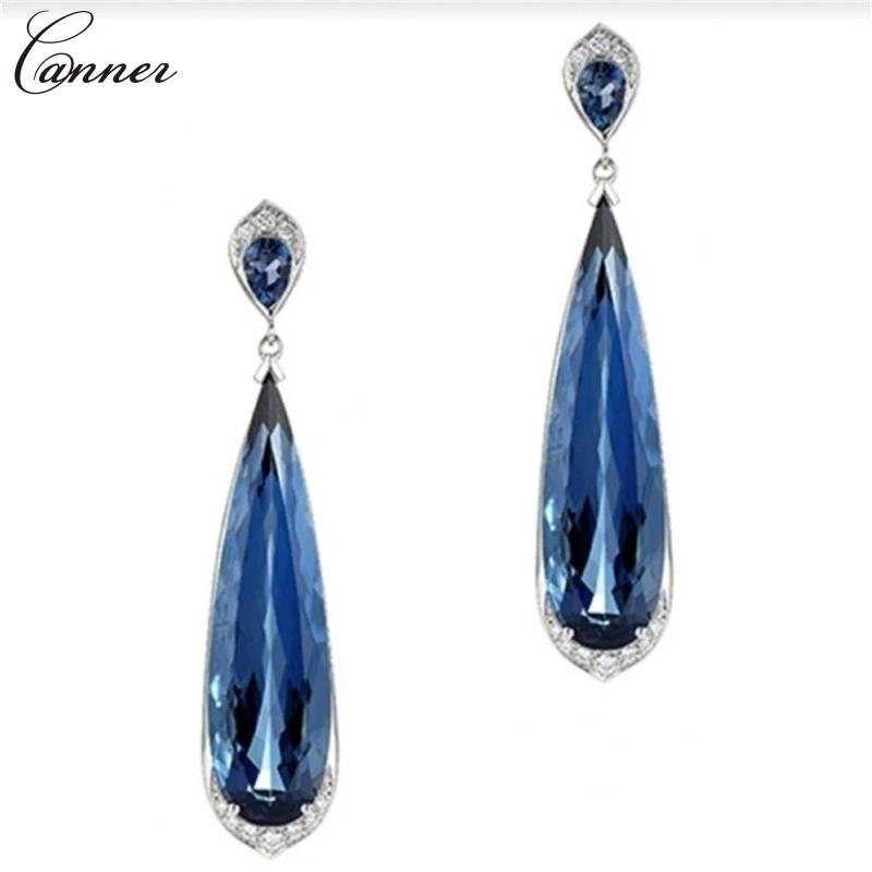 Female Blue Crystal Long Dangle Earrings for Women Water Drop Earrings 2019 Fashion Silver Color Statement Earings Jewelry Q4