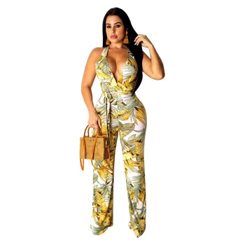 

Women Leaves Print Jumpsuit Sexy Deep V Neck Playsuit Casual High Waist Sleeveless Overalls