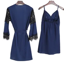 Сексуальный женский шелковый халат, кружевной халат и Ночная рубашка на бретельках, платье с длинным рукавом, комплект одежды для сна