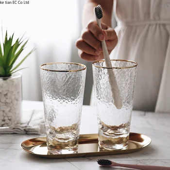 

European hammer wood grain glass gold mouth cup simple wash cup couple cup transparent brush tooth cups toothbrush holder set