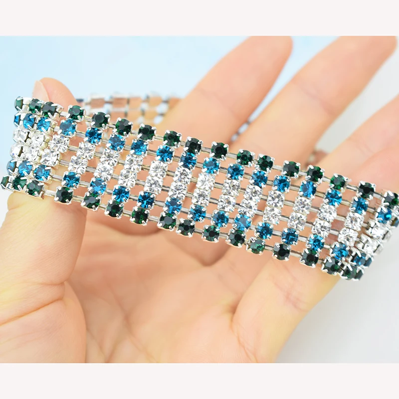 Fashion 6 Rows Full Crystal Rhinestone Elastic Bracelet Royal Blue Wide Bracelet Bling Wristband Women Wedding Bridal Jewelry 4