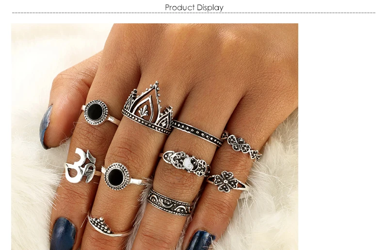 AYAYOO Bohemia Tibetan Black Stone Opal Rings Set For Woman Fashion Bijoux Silver Color Flower Crown Ring Vintage Jewelry (1)