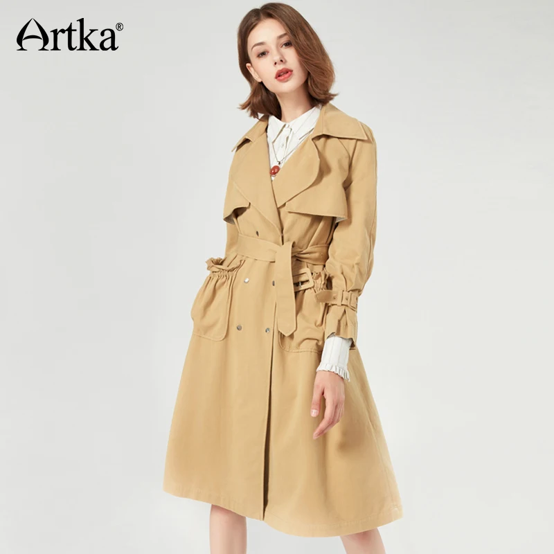 À Trench Femmes Kaki Artka Automne bourgogne Fa10072q Avec Tranchée Double Pardessus Longue Volants Vintage Ceinture Coton Femme Des Élégant Breasted Pw6xR