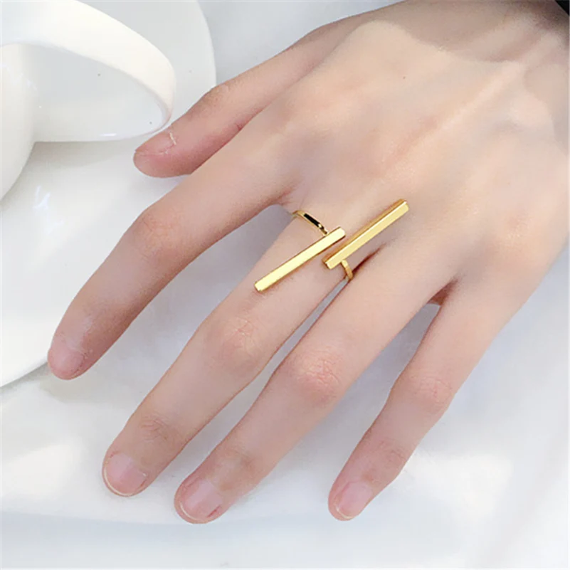 

Minimalist Design Jewelry Silver Gold Black Color Metal Cuboid Bar Strip Charm Adjustable Open Ring Cuffs For Women Dropshipping