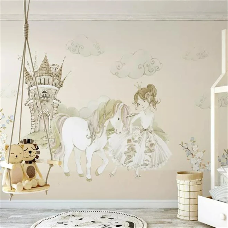 

wellyu papel de parede para quarto Custom wallpaper Little Princess and Unicorn Castle Fairytale Children's Room Mural behang