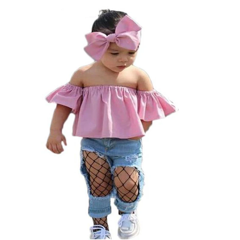 2018 summer Children Girls Clothes Off shoulder Crop Tops+Ripped Jeans+Headband clothing set 3PCS Toddler baby girl Outfits