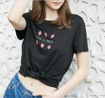 

HAHAYULE-JBH 1pcsStrawberry Print T Shirts Summer Short Sleeve Tops Ladies Casual Harajuku Tumblr Kawaii Cartoon Tee Shirt Femme