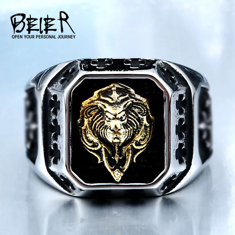 

BEIER Cool For Man 316L Stainless Steel Plated-Gold Lion Head Fashion Top Quality Rings Punk Amulet Jewelry Drop shippingBR8-389