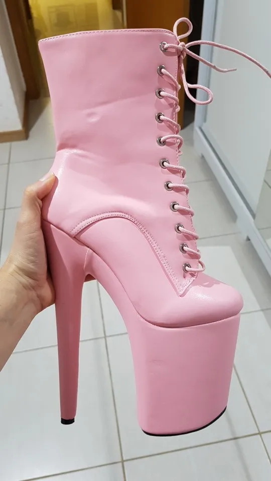

20CM Platform Boots Lace Up Extreme High Heels Dancing Ankle Boots Black Plus Size Nightclub Shoes pink shoes real picture