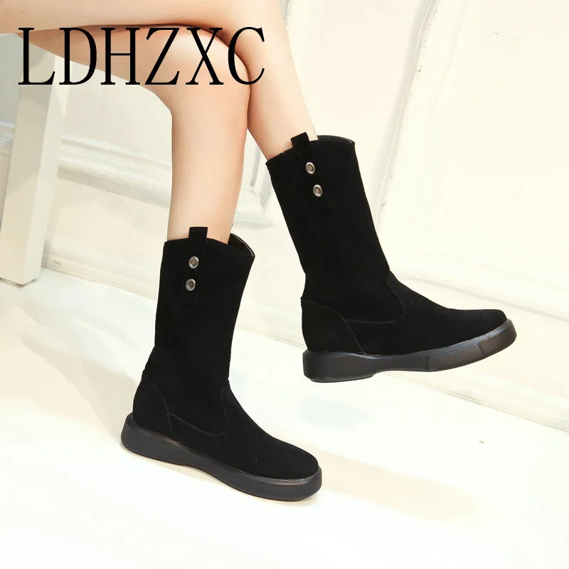 

LDHZXC Women Mid Calf Boots Black Pu Leather Square Heel Round Toe Fashion Spring and Autumn Ladies Boots Size 34-43