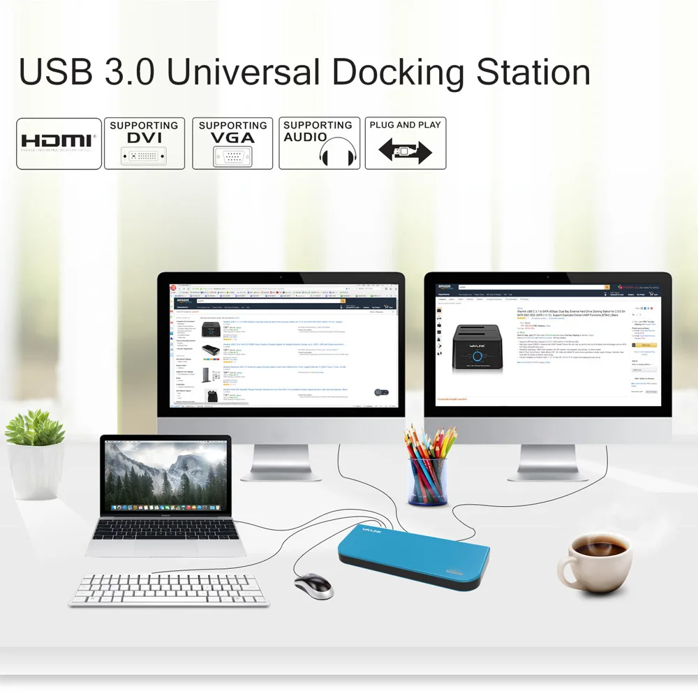 WAVLINK USB3.0 UNIVERSAL LAPTOP DOCKING STATION DUAL VIDEO MONITOR SUPPORT DVI/HDMI/VGA TO 2048X115