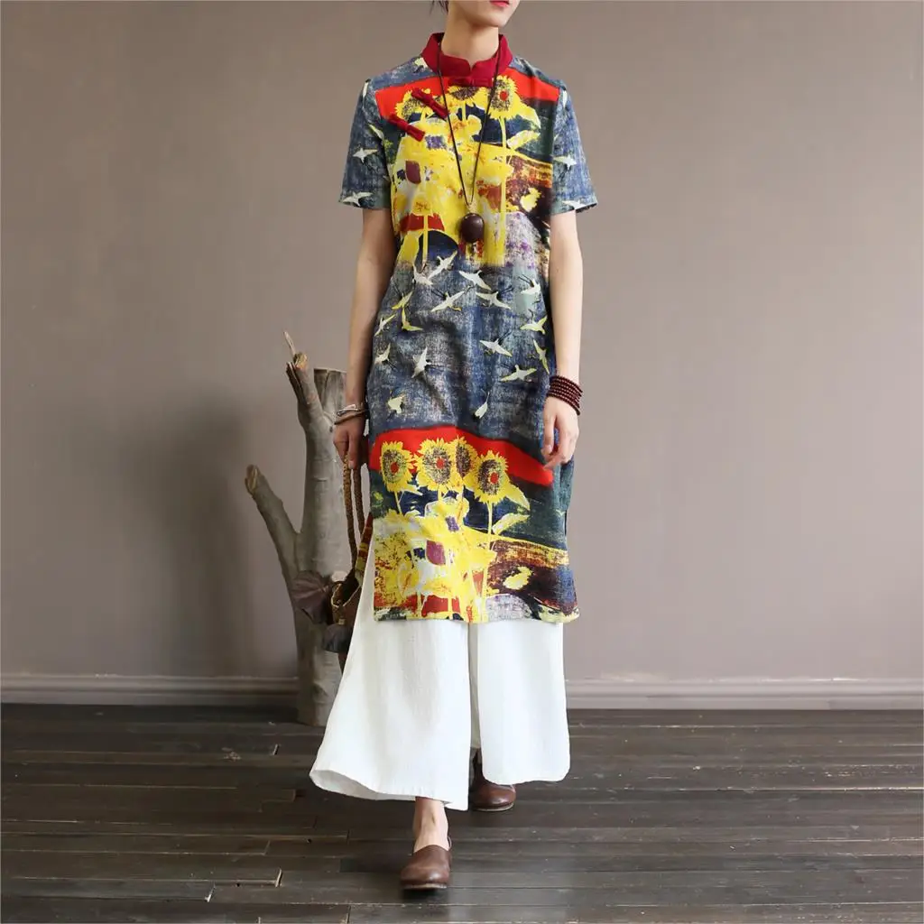 

Johnature New Stand Collar Short Sleeve Print Dresses(Only Dresses) 2019 Summer Chinese Style Plate Buckle Women Slit Dresses