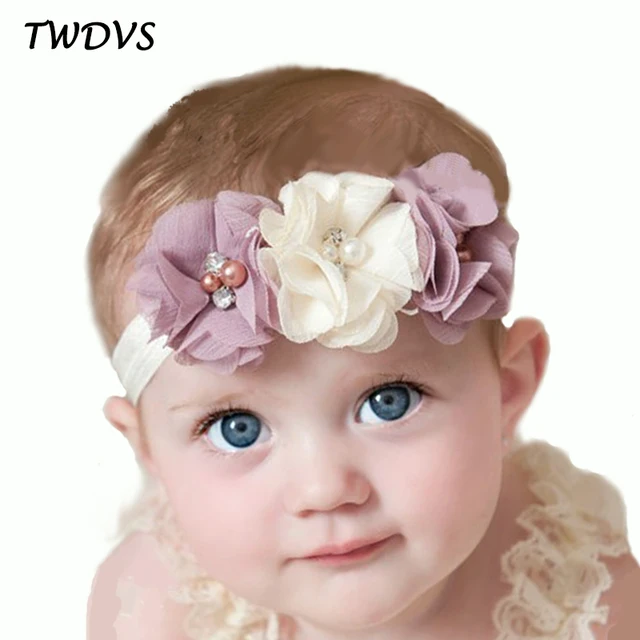 TWDVS Newborn Flower Elastic Hair Band Kids Headband Chiffon 3 Flower