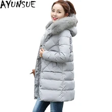 AYUNSUE, Новое поступление, женские пуховики, женские, натуральный мех енота, с капюшоном, пальто, толстые, длинные, белые, утиный пух, пальто, Abrigo Mujer ST100