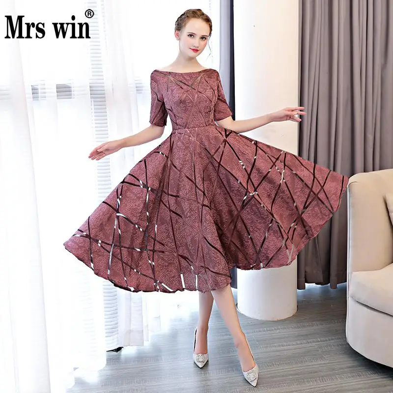

2019 New Mrs Win A-line Short Sleeve Vintage Evening Dresses Formal Dresses Womens Party Prom Evening Dress With Sleeves F