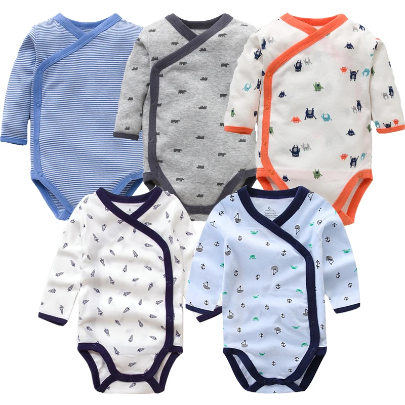 Cena Uśmiechnięta Babe 5 sztuk partia z długim rękawem Baby Romper miękka modna bawełniana ubranka dla dzieci Cartoon wydrukowano noworodków chłopców dziewcząt ubrania
