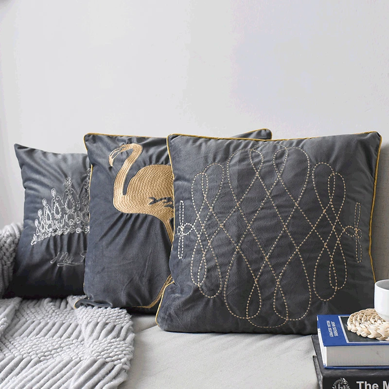 

Nordic Style Flamingo Geometric Embroidered Home Decorative Cushion Cover 45x45cm For Sofa Grey Gold Soft Velvet Pillow Cover