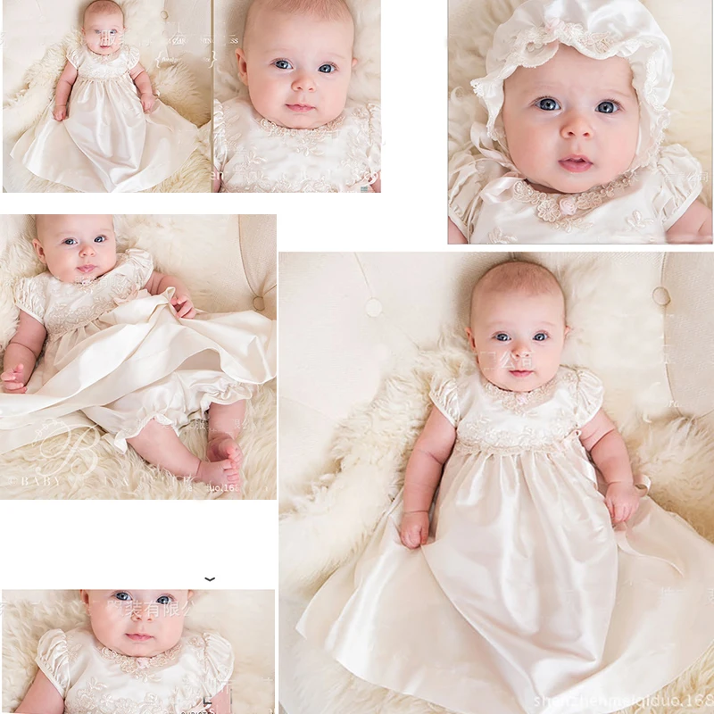 

Christening Gown Beaded Special Occasion Dress Newborn Baby Baptism Robe with Hat Bonnet Flower Emboridered Satin Dress A015