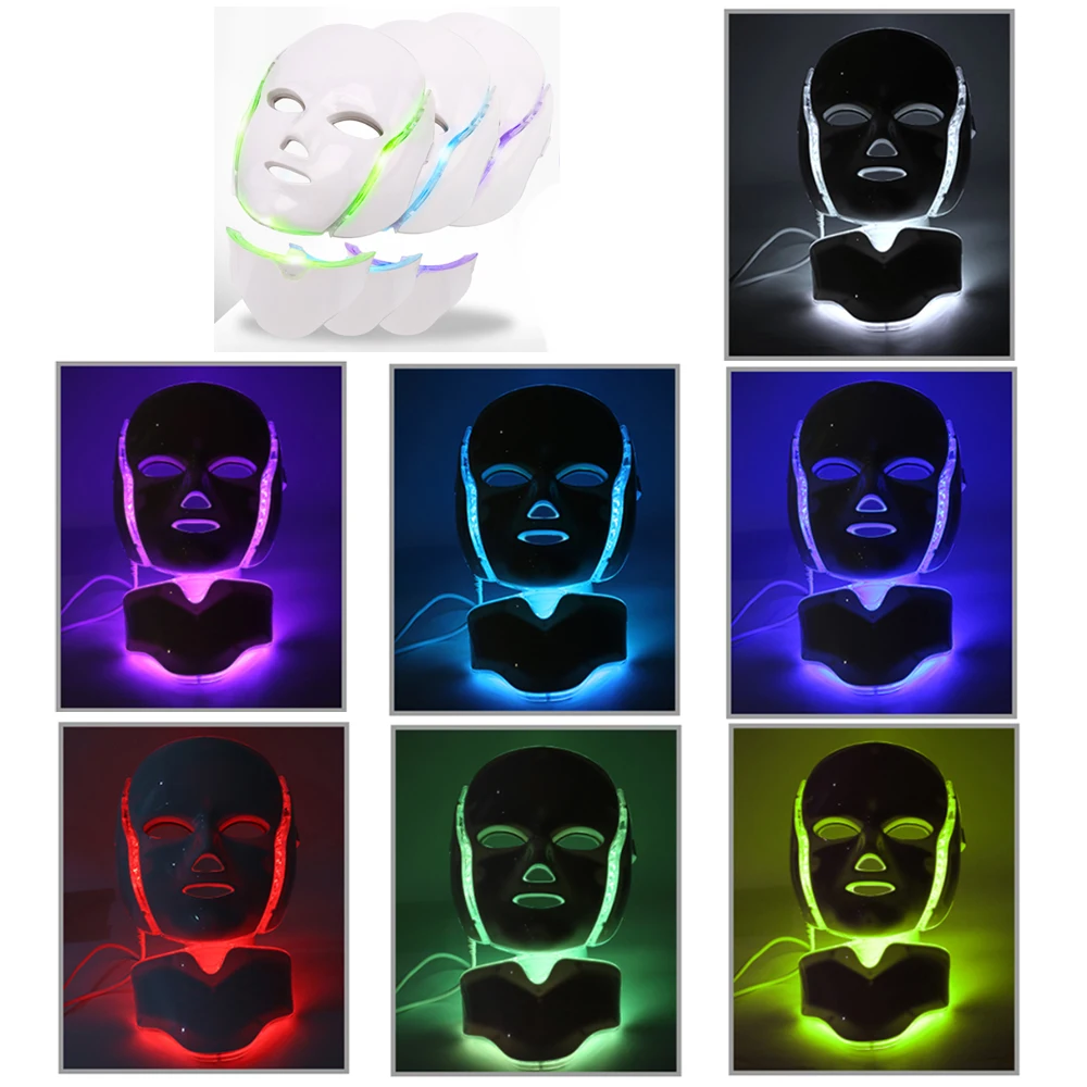 Online 7 Color Photon LED Light Therapy Face Mask with Neck Mask Anti Wrinkle Acne Removal Facial Skin Care Beauty Treatment Salon Home