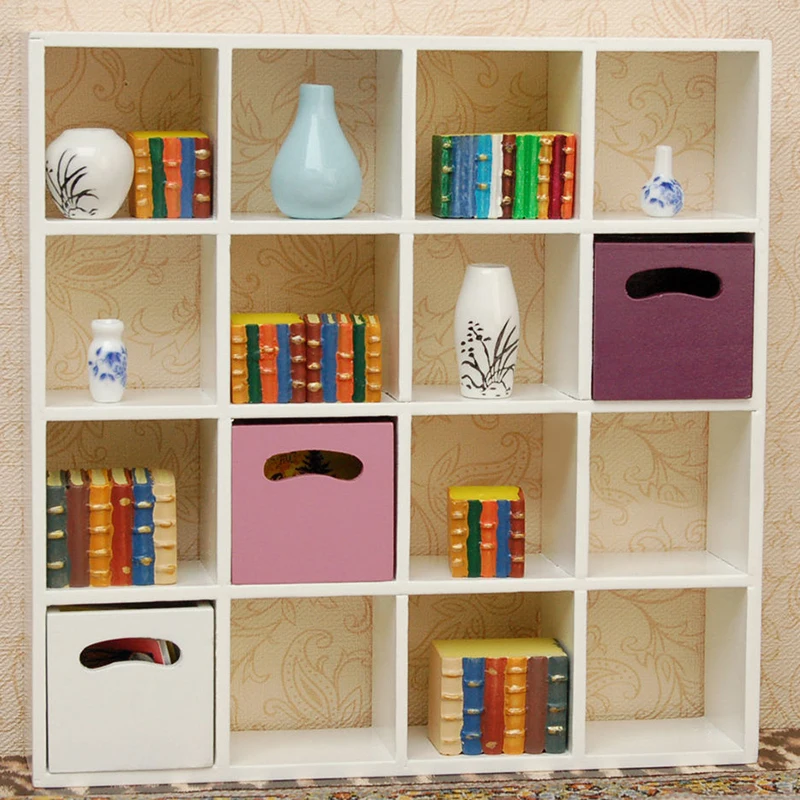 White 1: 12 Miniature Dollhouse Storage Rack 16 Grid Shelves Mini Furniture Doll House Accessories Children Diy Toy Gift