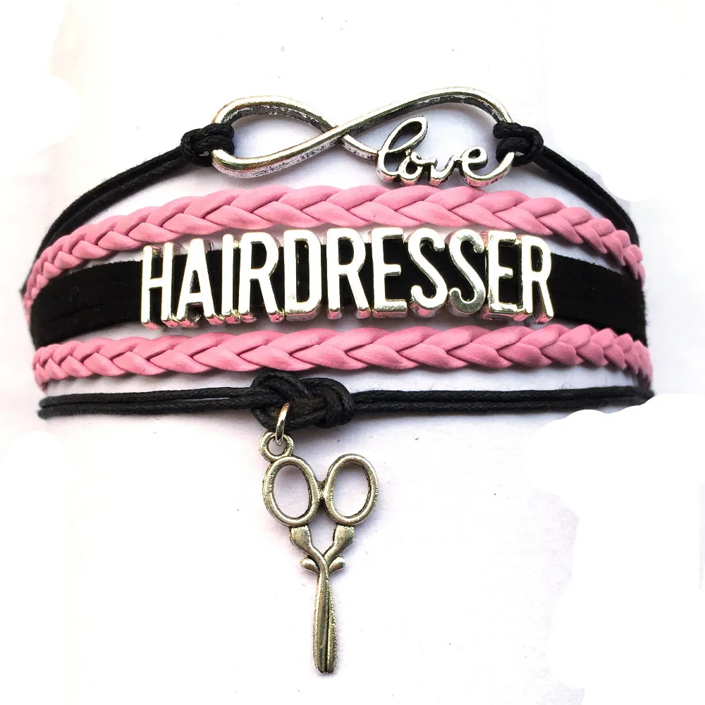 

Drop Shipping Infinity Love Hairdresser Bracelet Scissors Charms Handmade Black with Pink Friendship Gift