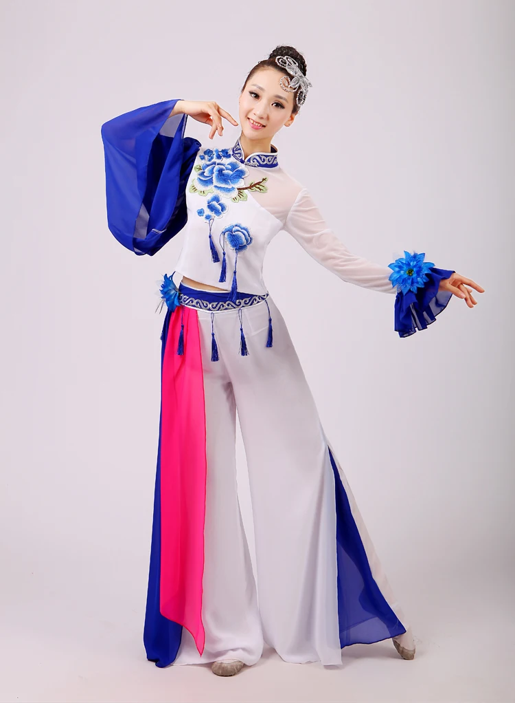(0168) Chinese folk dance female Embroidery Chinese porcelain costum classical dance sequins yangko/fan/umbrella clothing