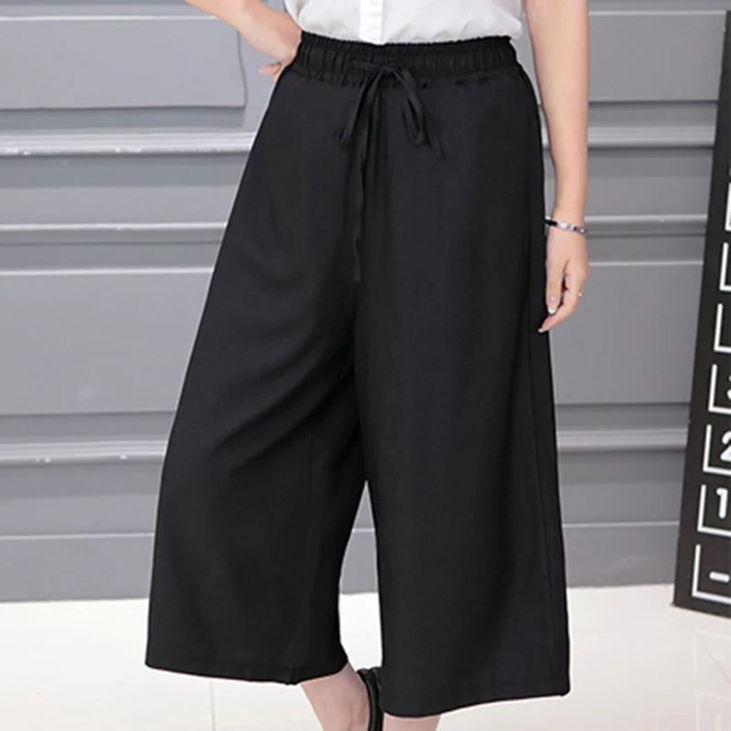 Summer Cropped Harem Pants Women Solid Color Loose Wide Leg Pants Women Pleasted With Pockets Elastic Waist Black Casual Capris Summer Cropped Harem Pants Women Solid Color Loose Wide Leg Pants Women Pleasted With Pockets Elastic Waist Black Casual Capris
